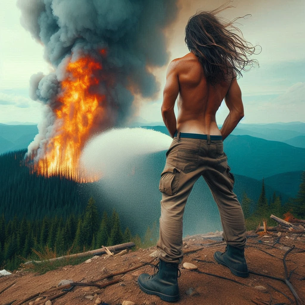there is a man standing on a mountain looking at a fire, fire behind him, thunderstorm and fire, fire from sky, forest fire, explosions and fire, with fire, fire and explosion, long fire hair, fire above head, lots of fire, fires!! hyperrealistic, huge fire, on fire, amazingly epic visuals, the forest is on fire, epic photo