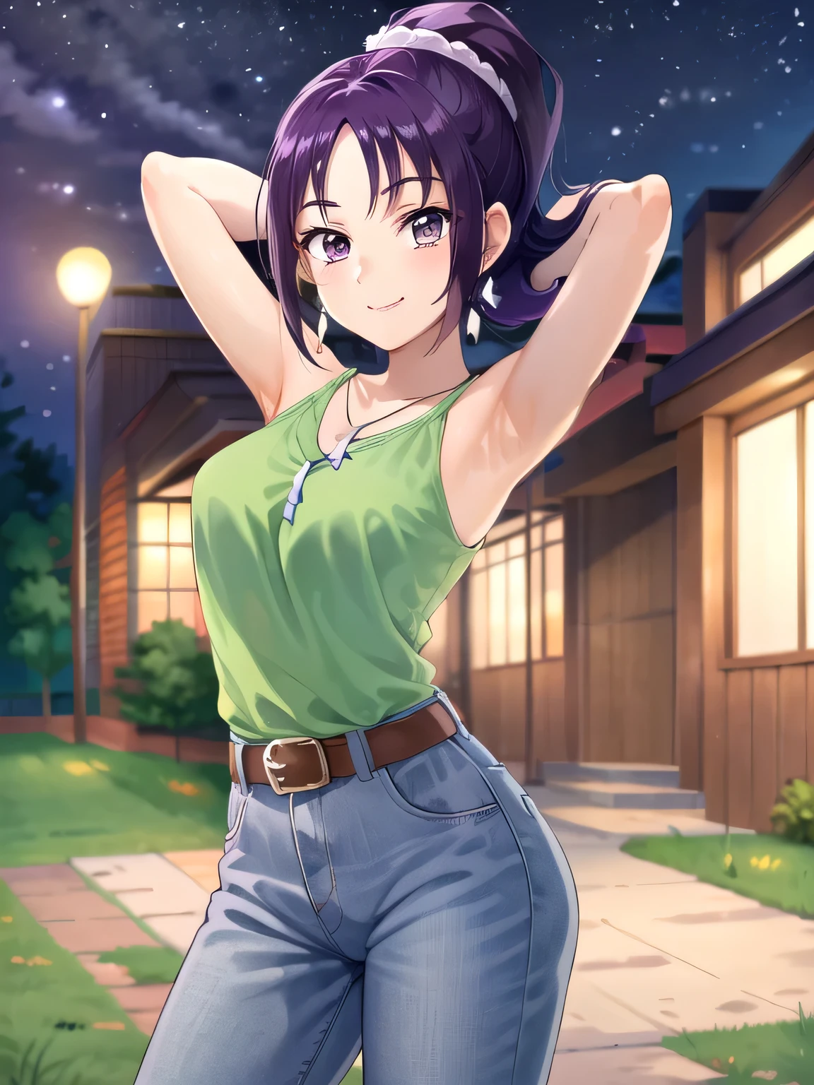 green shirt, earrings, necklace, white scrunchie, high ponytail, belt, jeans, brown sneakers, purple socks, mishoumai, 1girl, solo, looking at viewer, solo, night sky, forest, arms behind head, contrapposto, spread armpits, closed mouth, smile, (cowboy shot:1.5), looking at viewer,