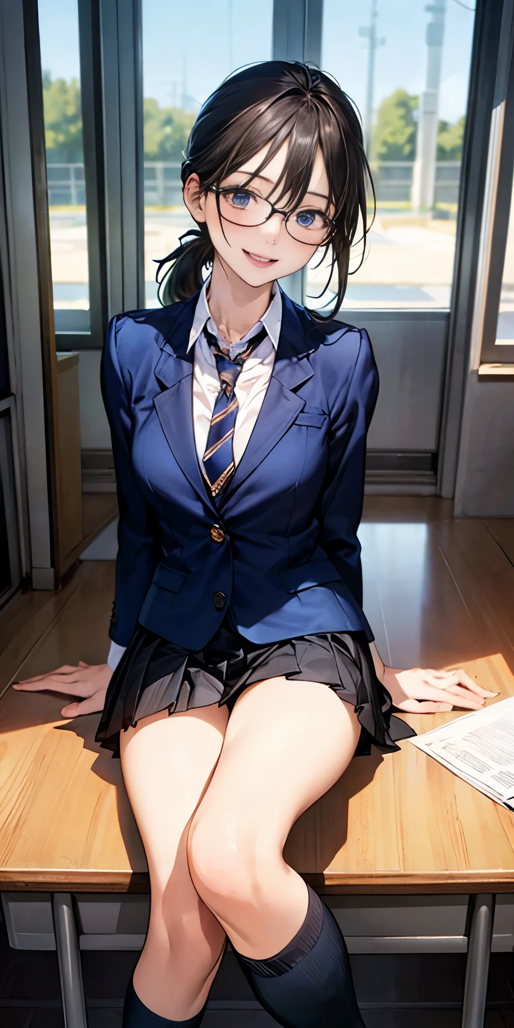 (masterpiece:1.2, top-quality), (realistic, photorealistic:1.4), beautiful illustration, NSFW, 
looking at viewer, cowboy shot, front view:0.8, 
1 girl, japanese, high school girl, black hair, (middle hair:1.4, low ponytail:1.2), bangs, hair between eye, blue eyes, large breasts:1.0, black-rimmed glasses, (thick thighs), 
beautiful hair, beautiful face, beautiful detailed eyes, beautiful clavicle, beautiful body, beautiful chest, beautiful thigh, beautiful legs, beautiful fingers, 
(beautiful scenery), dawn, bright and refreshing classroom, desks, chairs, curtains, 
((dark blue blazer, dark blue pleated miniskirt, socks, private school uniform:1.2, russet necktie)), white panties, 
(swollen), ((seductive posture: 1.2, attractiveness: 1.2)), (idle),
(erotic,sexy, upper eyes, smiling smile: 1.2), shiny skin, open mouth, 
perfect face, cute and symmetrical face, natural side lighting, movie lighting),