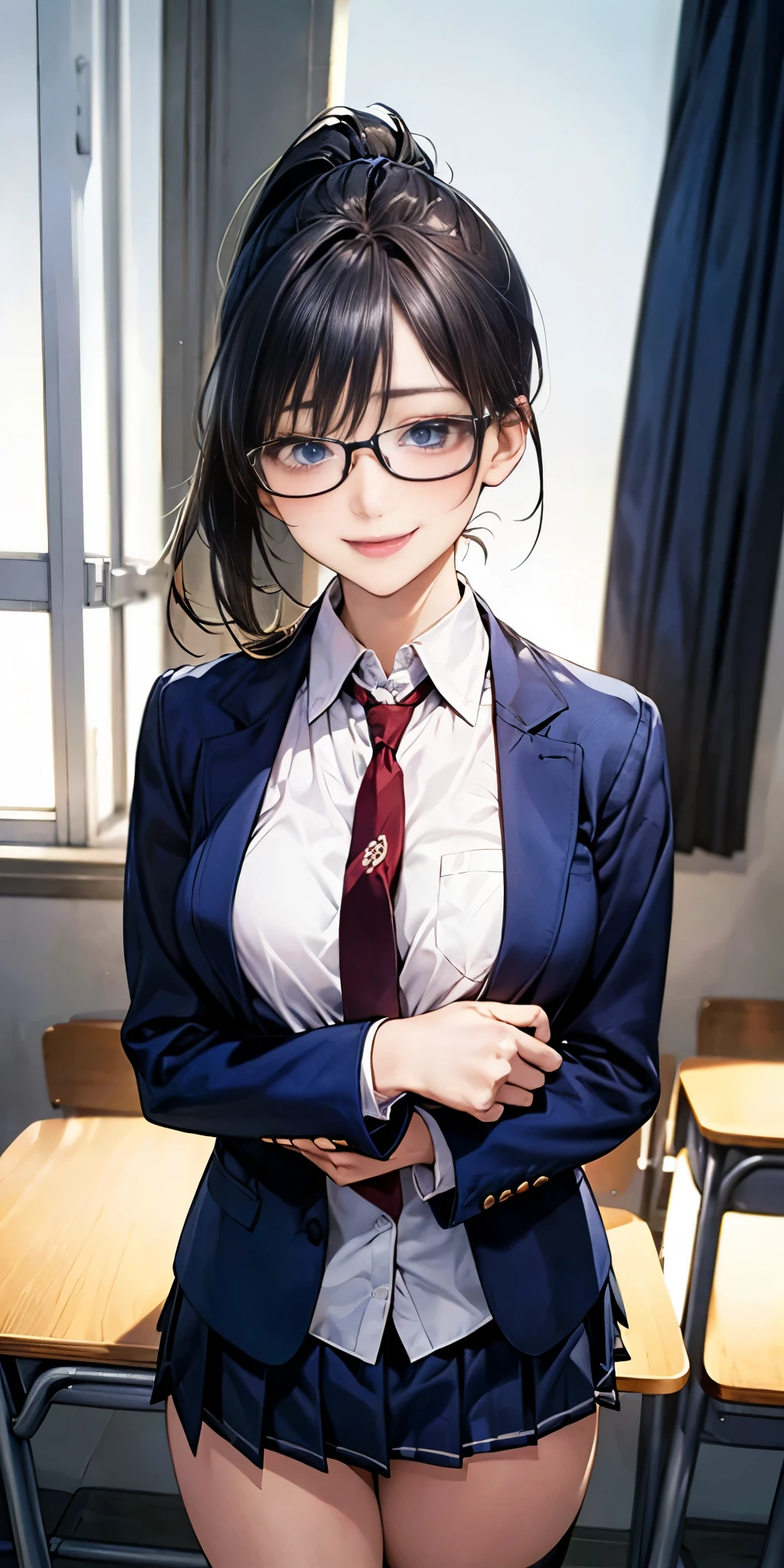 (masterpiece:1.2, top-quality), (realistic, photorealistic:1.4), beautiful illustration, NSFW, 
looking at viewer, cowboy shot, front view:0.8, 
1 girl, japanese, high school girl, black hair, (middle hair:1.4, low ponytail:1.2), bangs, hair between eye, blue eyes, large breasts:1.0, black-rimmed glasses, (thick thighs), 
beautiful hair, beautiful face, beautiful detailed eyes, beautiful clavicle, beautiful body, beautiful chest, beautiful thigh, beautiful legs, beautiful fingers, 
(beautiful scenery), dawn, bright and refreshing classroom, desks, chairs, curtains, 
((dark blue blazer, dark blue pleated miniskirt, socks, private school uniform:1.2, russet necktie)), white panties, 
(swollen), ((seductive posture: 1.2, attractiveness: 1.2)), (idle),
(erotic,sexy, upper eyes, smiling smile: 1.2), shiny skin, open mouth, 
perfect face, cute and symmetrical face, natural side lighting, movie lighting),