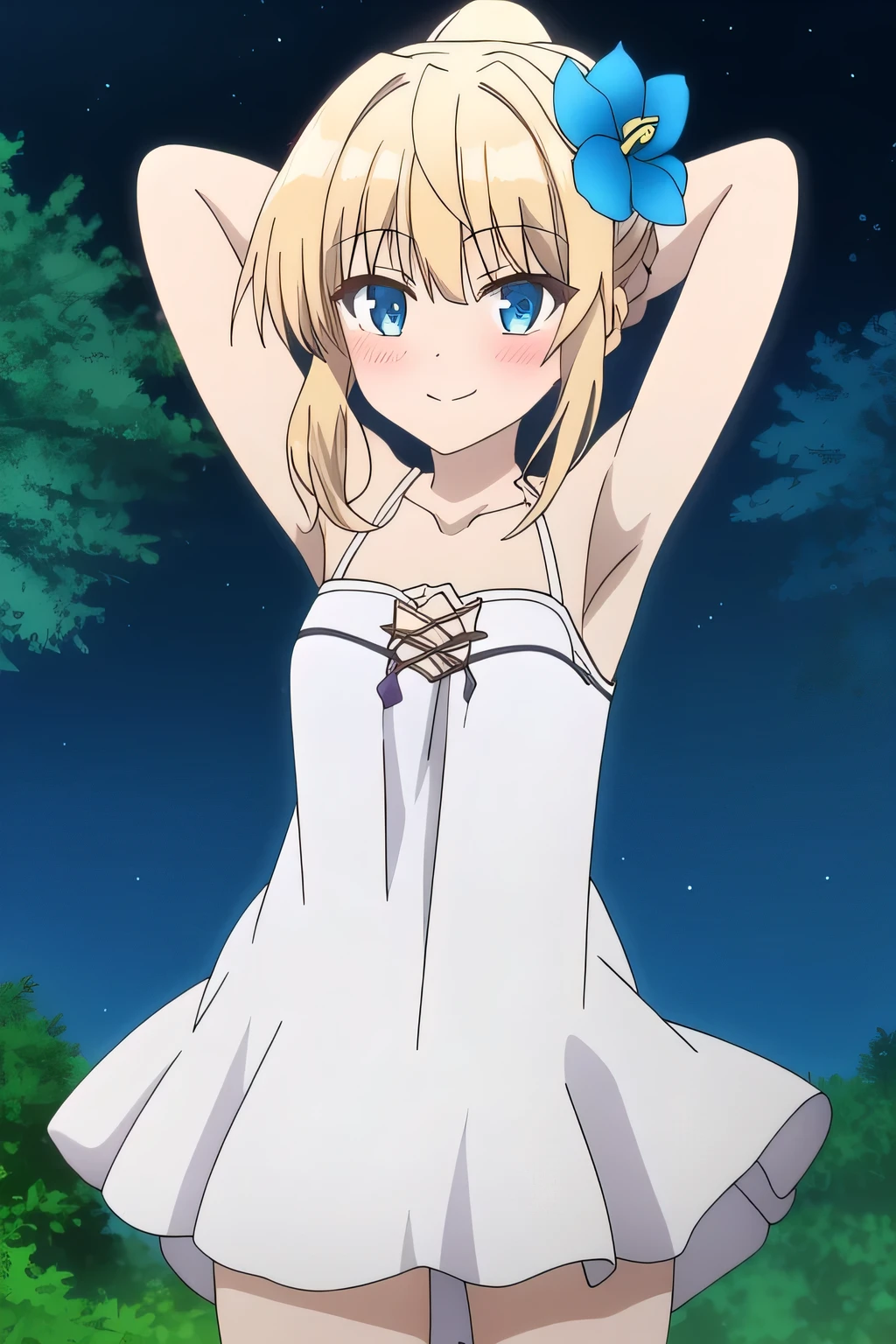 sora, anime art style, 1girl, solo, blush, bangs, blue_eyes, blonde_hair, hair_ornament, dress, bare_shoulders, collarbone, shy, ponytail, braid, flower, blushing, hair_flower, white_dress, blue_flower, solo, night sky, forest, arms behind head, looking at viewer, contrapposto, spread armpits, closed mouth, smile, (cowboy shot:1.5)