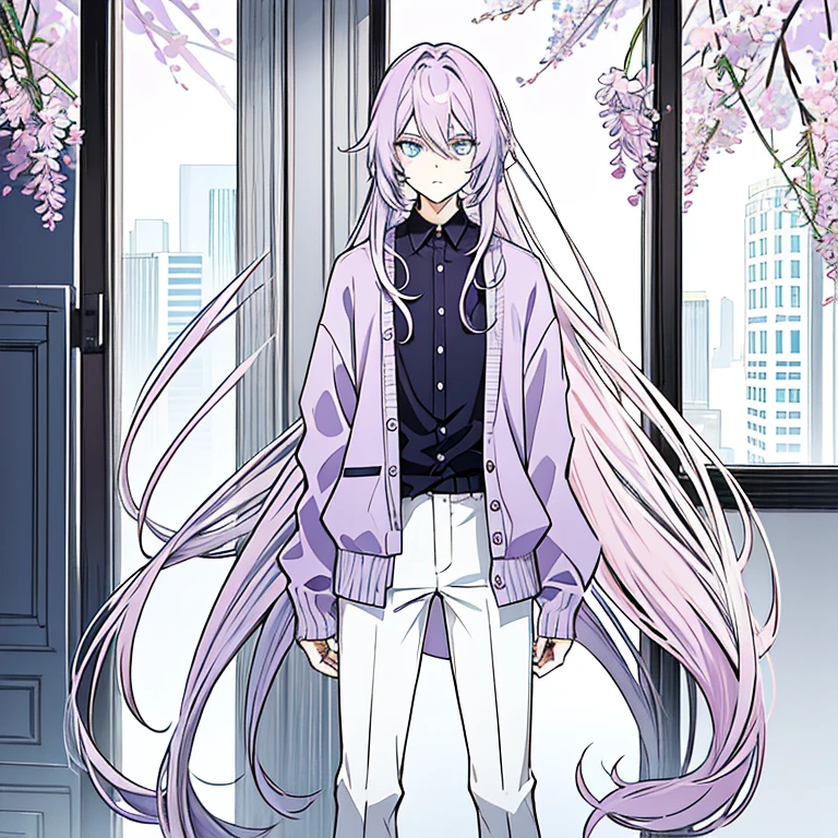 Androgynous guy with very long lilac hair and amber eyes looking unimpressed. He's wearing a soft blue cardigan and casual pants. The background is cafe.