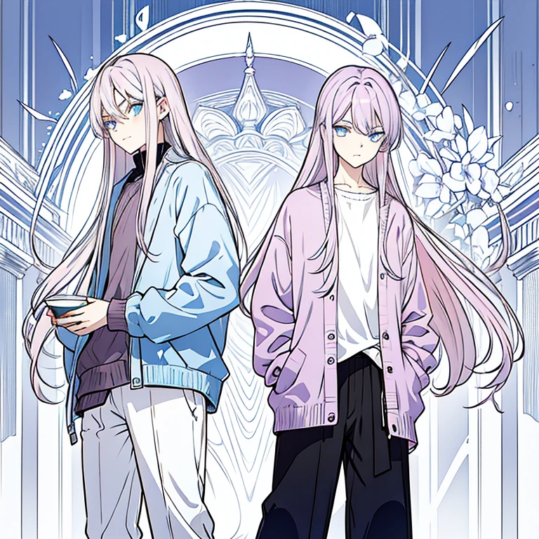 Androgynous guy with very long lilac hair and amber eyes looking unimpressed. He's wearing a soft blue cardigan and casual pants. The background is cafe.