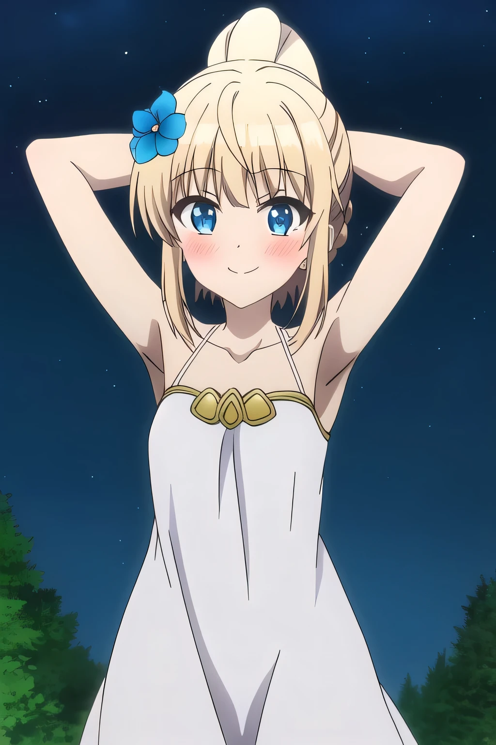 sora, anime art style, 1girl, solo, blush, bangs, blue_eyes, blonde_hair, hair_ornament, dress, bare_shoulders, collarbone, shy, ponytail, braid, flower, blushing, hair_flower, white_dress, blue_flower, solo, night sky, forest, arms behind head, looking at viewer, contrapposto, spread armpits, closed mouth, smile, (cowboy shot:1.5)