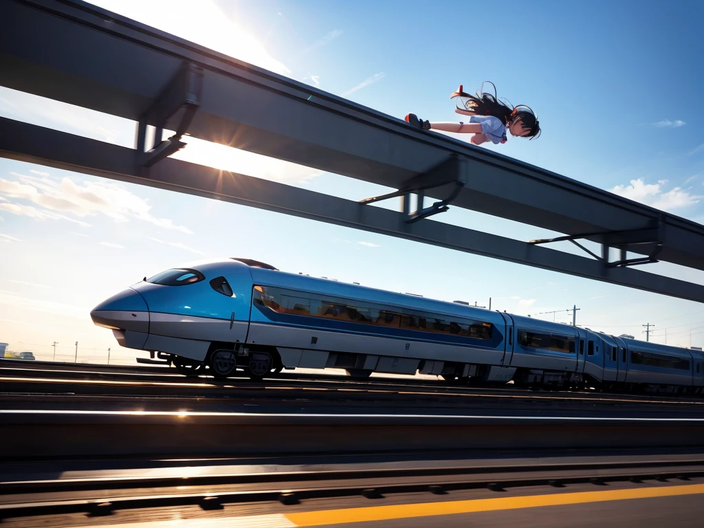 The latest high-speed trains race along、Motion Blur Effect、Girl clinging to roof