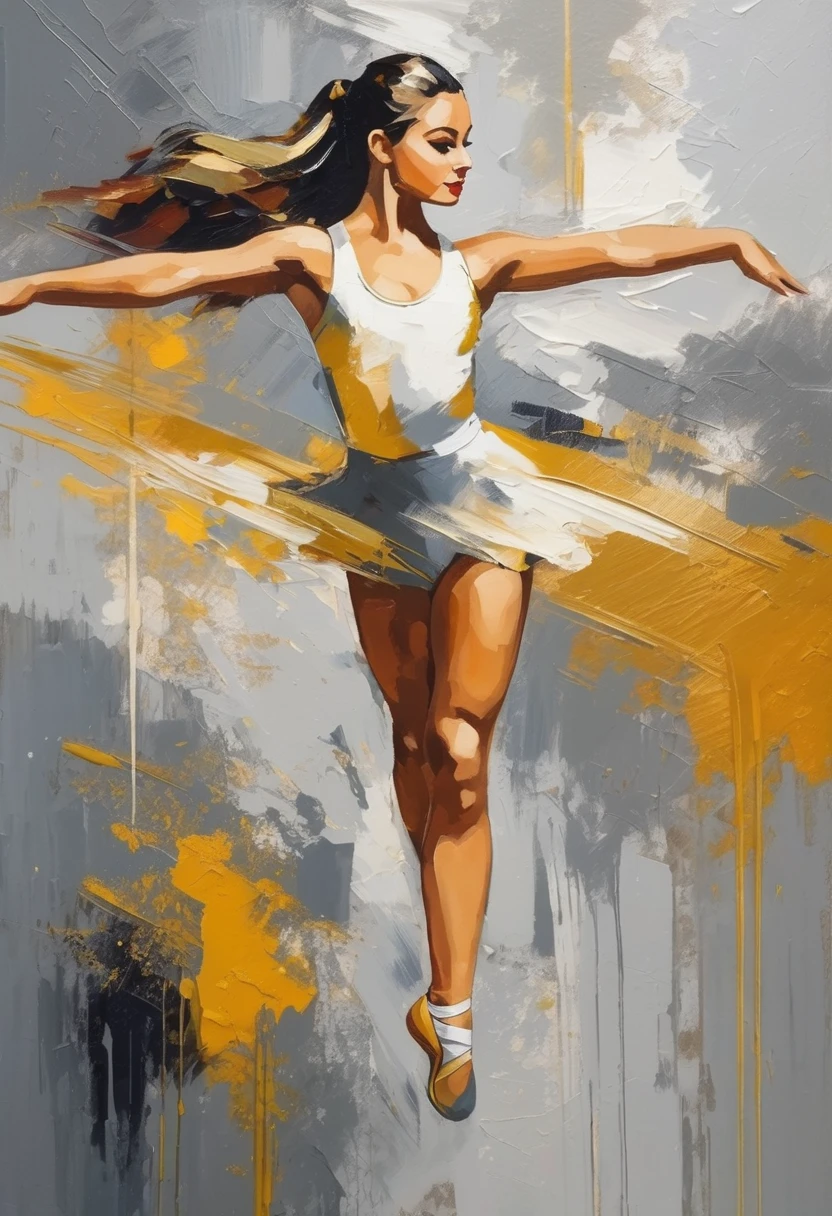Abstract artistic background. Vintage illustration, (beautiful Romanian girl wearing a gymnastics collant 1.5 +++), figures, golden brushstrokes. Textured background. Oil on canvas. modern Art. grey, wallpaper, poster, card, mural, print, wall art --ar 1:3