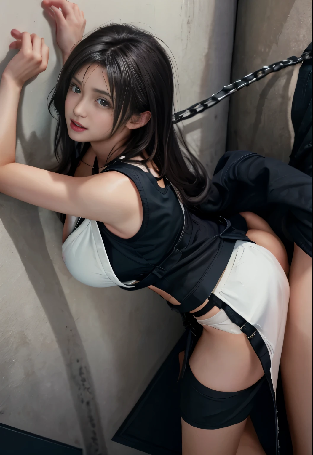 masterpiece, 最high quality, Ultra-high resolution, (Realistic:1.4), Detailed beautiful face, , One girl, Tifa_Lockhart, Final Fantasy VII Remake, stunning european women, suspenders,((( black low rise mini skirt,Not wearing ))), (((Torn white tank top))), A tense shirt, long straight black hair, Very beautiful and shining eyes、Sweating,(((Panting face, blush, ))),(( Erect ns, )),ul feet, So cute, Close-upポトレイト, 柔らかい肌のPerfect Faceを持つ素敵な, Perfect Face, Huge breasts,torn tank tinetter、thigh、In the dungeon、No panties, Lock, scar, Complgram, Shapely hips, 8k resolution,Surreal,Ultra-detailed,high quality, (huge chest of tears, Huge breastsの谷間:1.2), Low Cut, Giant tse-up,No bra,A broad perspective