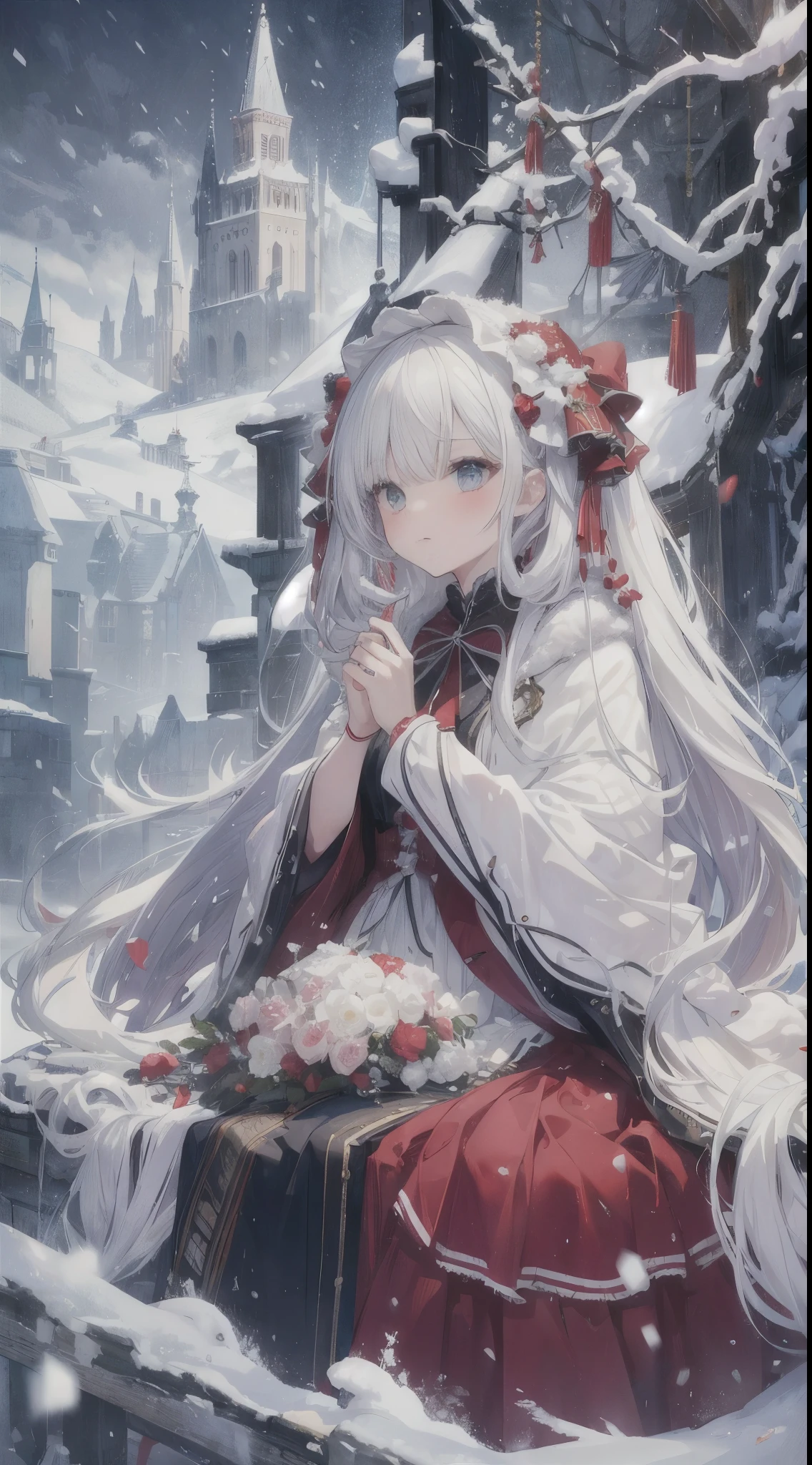 (8K, RAW photogr, realistically:1.4), A high resolution, 1 Women, Alone,。.。.。.。.。.,sitted,(Lolita costume),Wear a flowing skirt, pretty eyes, White hair, eye socket, (sitted,redcloak,blanketed in a mantle of snow,Blizzarding:1.3),Ski slopes,Outside the castle,Correct anatomy,