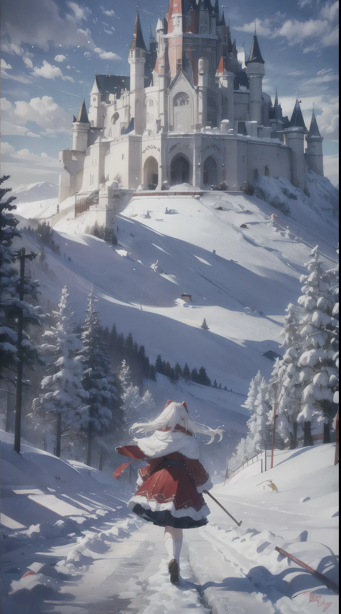 (8K, RAW photogr, realistically:1.4)， A high resolution, 1 Women, Alone,。.。.。.。.。.，sitted,(ta costume)，Wear a flowing skirt， pretty eyes, White hair, eye socket, (sitted，redcloak，blanketed in a mantle of snow，Blizzarding:1.3)，Ski slopes，Outside the castle，Correct anatomy，