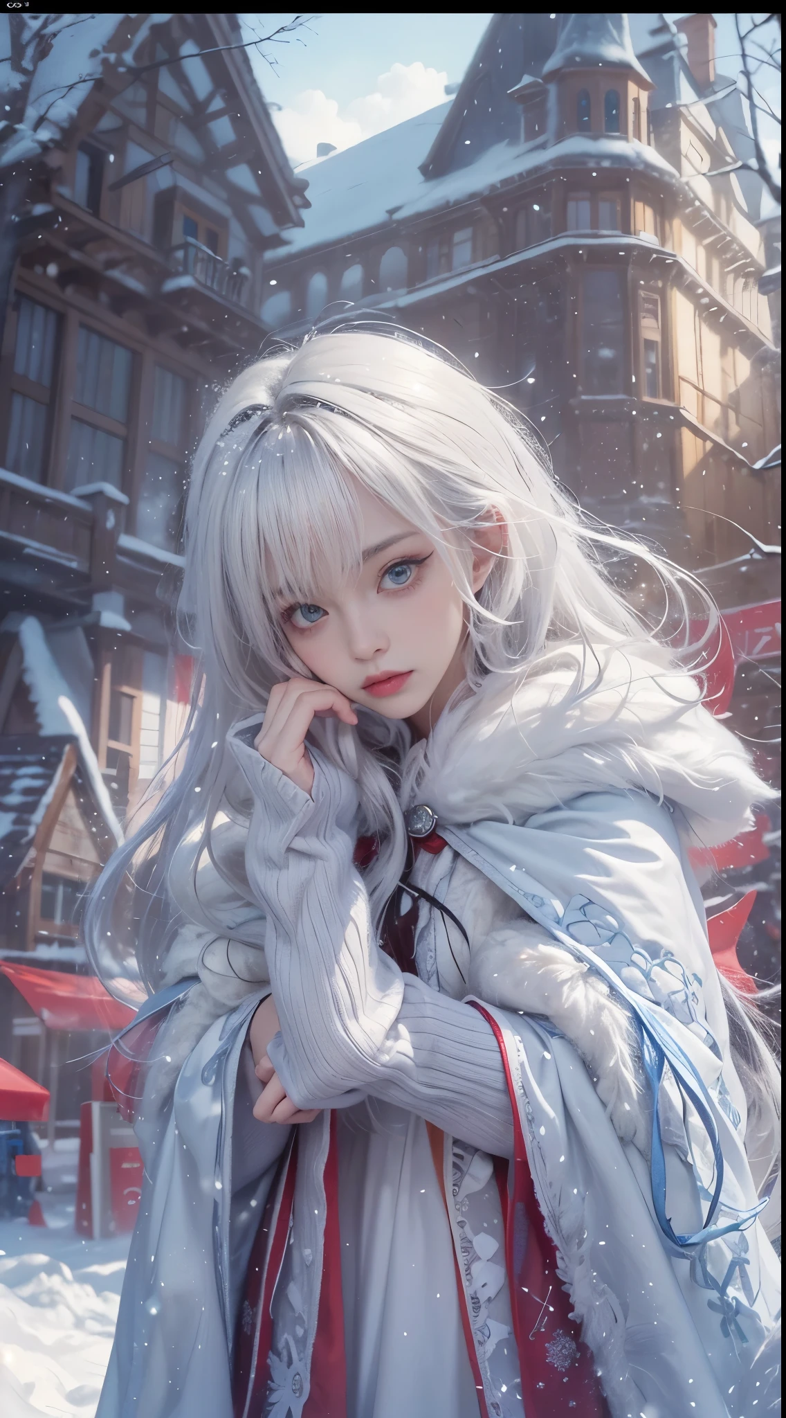 (8K, RAW photogr, realistically:1.4)， A high resolution, 1 Women, Alone,。.。.。.。.。.，sitted,(ta costume)，Wear a flowing skirt， pretty eyes, White hair, eye socket, (sitted，redcloak，blanketed in a mantle of snow，Blizzarding:1.3)，Ski slopes，Outside the castle，Correct anatomy，