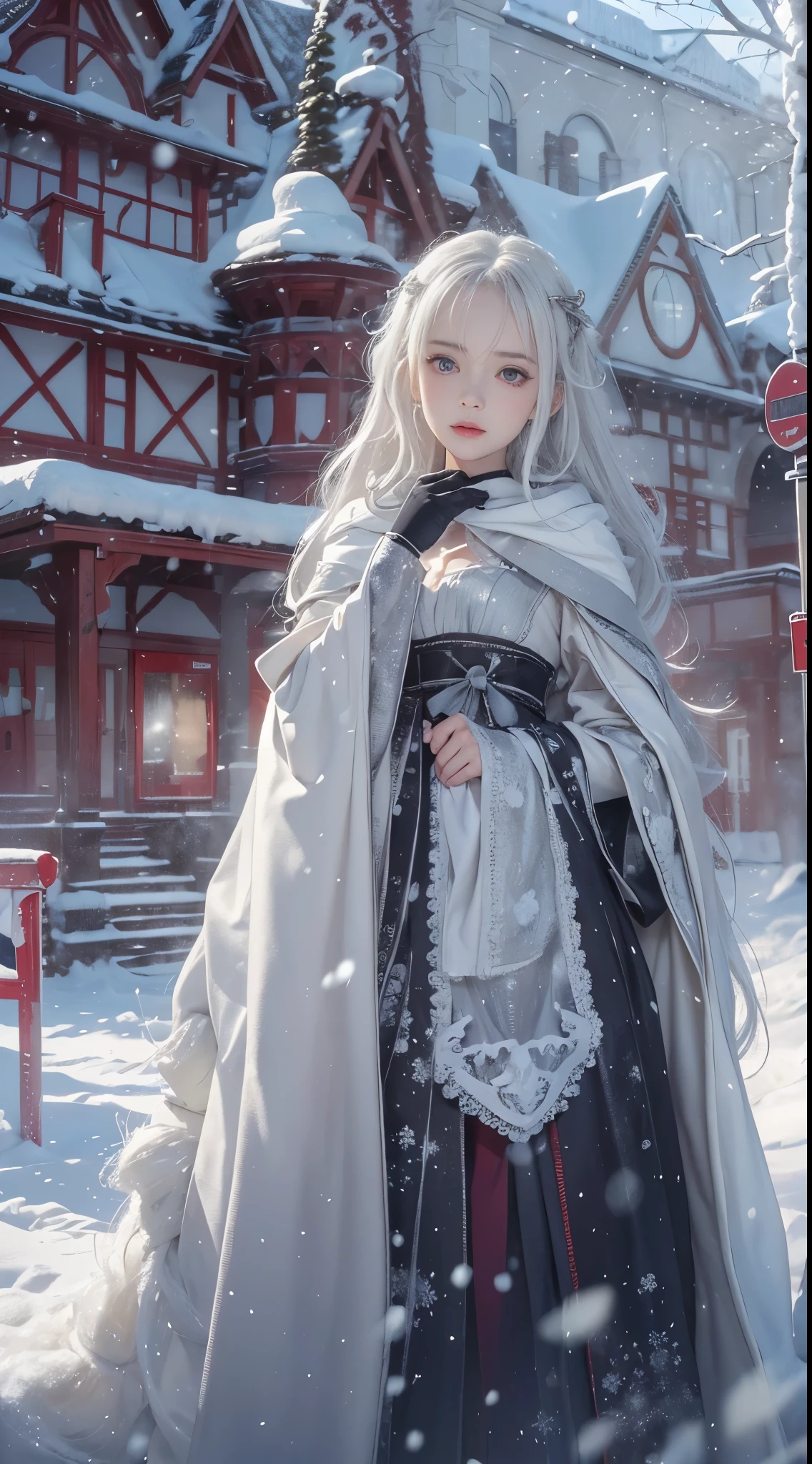 (8K, RAW photogr, realistically:1.4)， A high resolution, 1 Women, Alone,。.。.。.。.。.，sitted,(Lolita costume)，Wear a flowing skirt， pretty eyes, White hair, eye socket, (sitted，redcloak，blanketed in a mantle of snow，Blizzarding:1.3)，Ski slopes，Outside the castle，Correct anatomy，