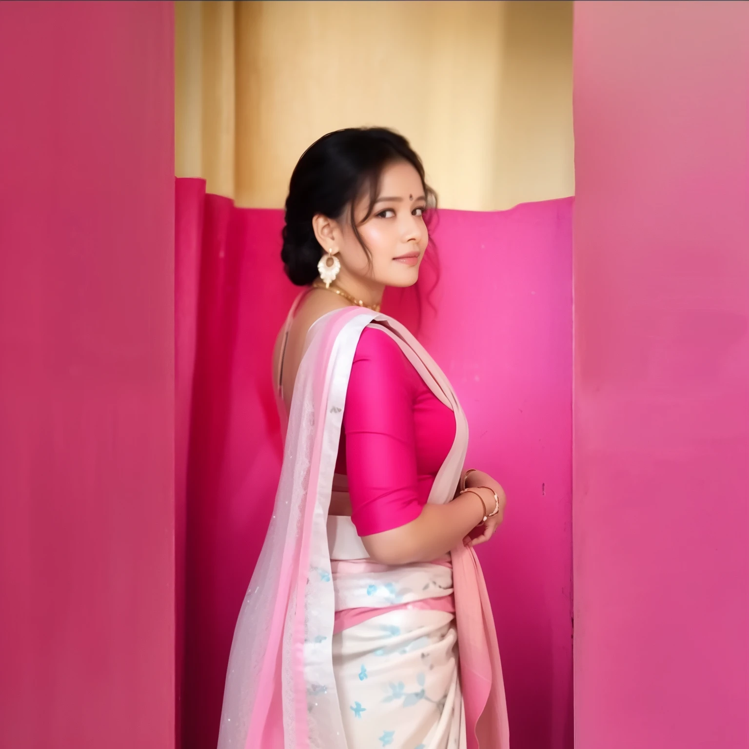 there is a woman standing in front of a pink wall, wearing sexy sa in, assamese aesthetic, with lovely look, traditional beauty, assamese, very beautiful enga style, very very low quality picture, candid picture, with beautiful colors, profile image, beutifull, profile pic, dressed in a sari, candid photograph