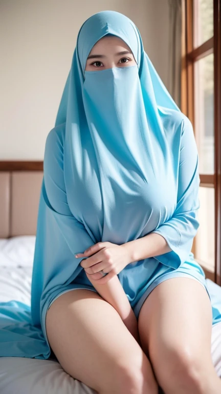 a beautiful young woman hijab, (((super big breast))), (very big breast covered),Large open neckline、thigh legs, perfect face, (((very huge big breast,))), curvy shaped body,
cleavages,((( Gigantic Breast))), completely naked, showing nipples and pussy, (((covering mouth, long veil))), ((Big big breasts))、large open neckline, Slim Face、20 years old, stil young, Pretty Lady, smile eyes, bedroom, sitting, (big breast open) , see full image