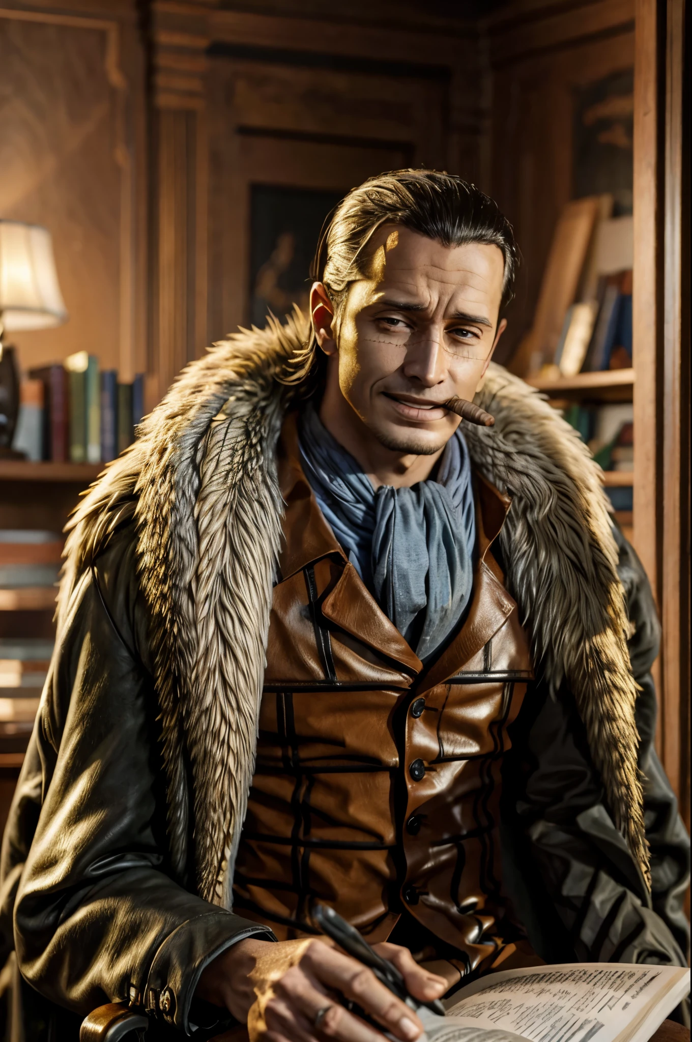 masterpiece, best quality, extremely detailed, hyperrealistic, photorealistic, a cool 40s man, ultra detailed face:1.2, fur-trimmed coat, scarf around the neck, his left hand is a golden pirate hook:1.1, distant view shot, modern office:1.2, reading book, paper, dynamic pose, cigar, sly smile, relaxed