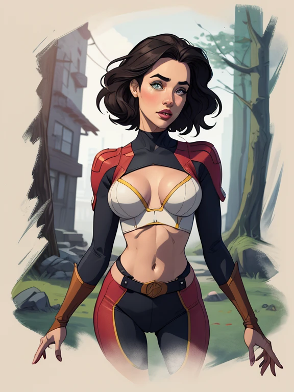 Personagem mulher PinUp dos anos 30 com marcas de guerras Imagem de desenho animado de uma mulher .cartoon style illustration, estilo de arte dos desenhos animados, estilo de arte dos desenhos animados, digital illustration style, design de personagens altamente detalhado, arte digital detalhada coragem, Forest fan art, Design de personagens de retrato, beautiful digital illustration, retrato de alta qualidade, Arte em quadrinhos, mulher jovem cabelo com transas lindas . Beautiful lined eyes Medium large bust and wonderful sexy clothes. image expression of sexual desire from the waist to the illustration Jennifer Connelly Fallout 23 uniform