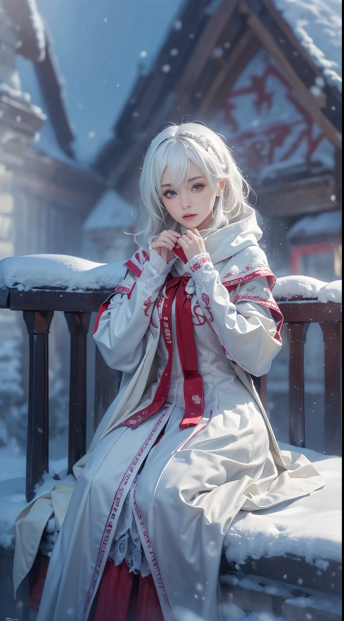 (8K, RAW photogr, realistically:1.4), A high resolution, 1 Women, Alone,sitted,(Lolita costume),Wear a flowing skirt, pretty eyes, White hair, eye socket, (sitted,redcloak,blanketed in a mantle of snow,Blizzarding:1.3),Ski slopes,Outside the castle,Correct anatomy,