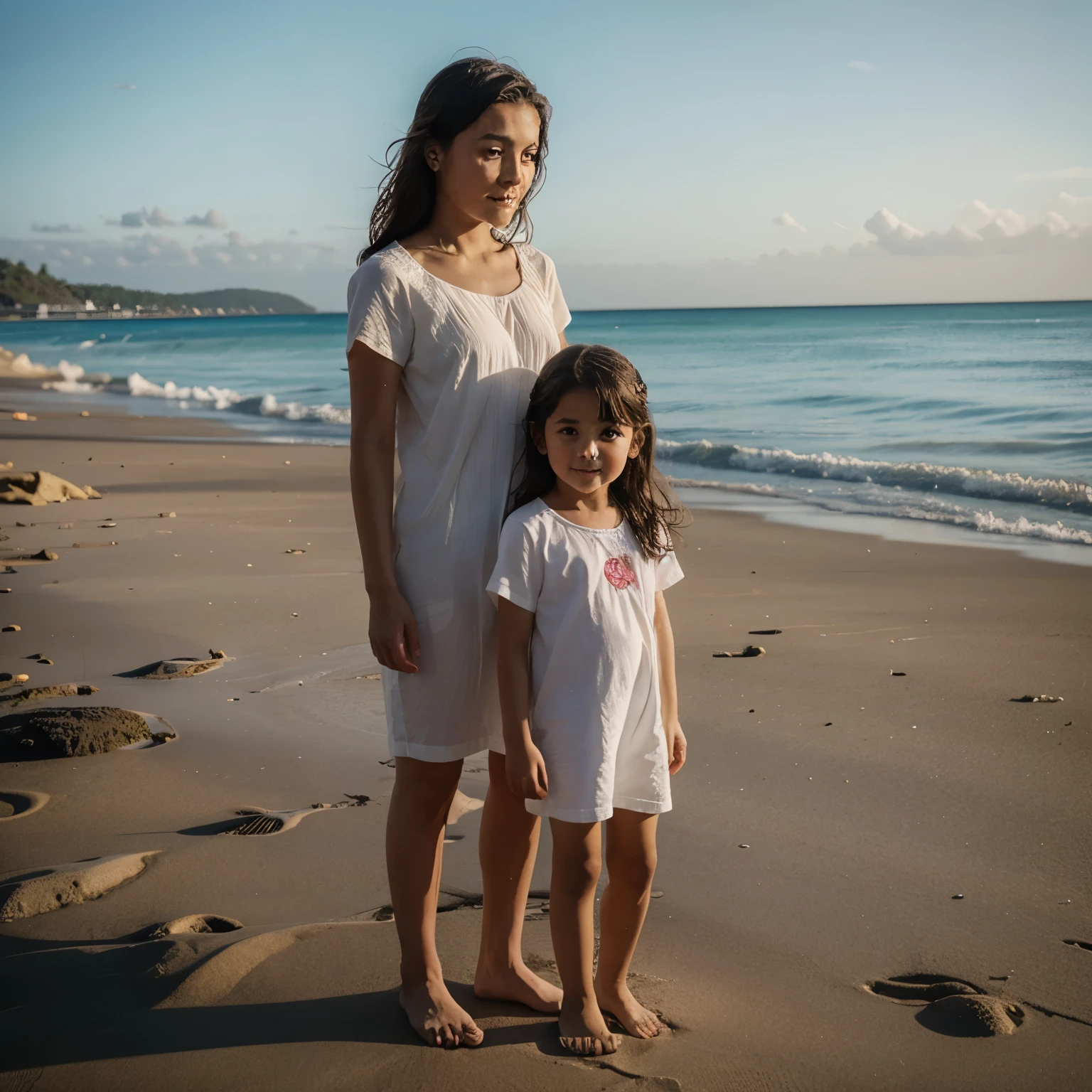 abuela y su nieta, Amanecer, madera, tulipanes de color azul. Grandmother has light cream skin color and his granddaughter has blondehair with pale white skin color in a blue dress sitting on the beach