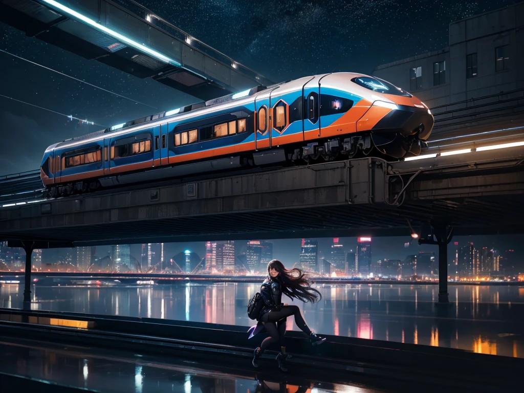 (best quality,highres:1.2),ultra-detailed,(realistic:1.37)
fast-paced motion blur of the latest high-speed train, a girl clinging to the roof
illustration,metallic texture,night scene,high-tech train,shimmering lights,urban atmosphere,futuristic landscape,hustle and bustle,mirror-like reflections,adventurous spirit,vibrant colors,and dynamic composition