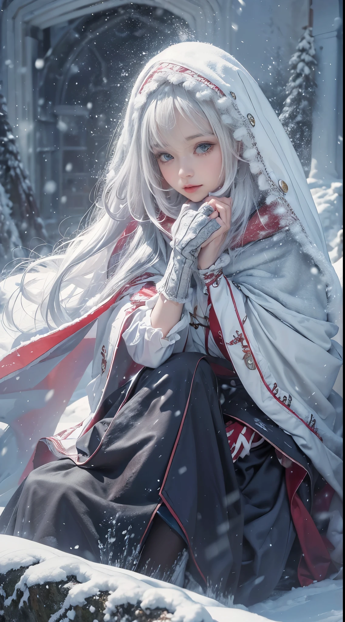 (8K, RAW photogr, realistically:1.4)， A high resolution, 1 Women, Alone,sitted,(Lolita costume)，Wear a flowing skirt， pretty eyes, White hair, eye socket, (sitted，redcloak，blanketed in a mantle of snow，Blizzarding:1.3)，Ski slopes，Outside the castle，Correct anatomy，
