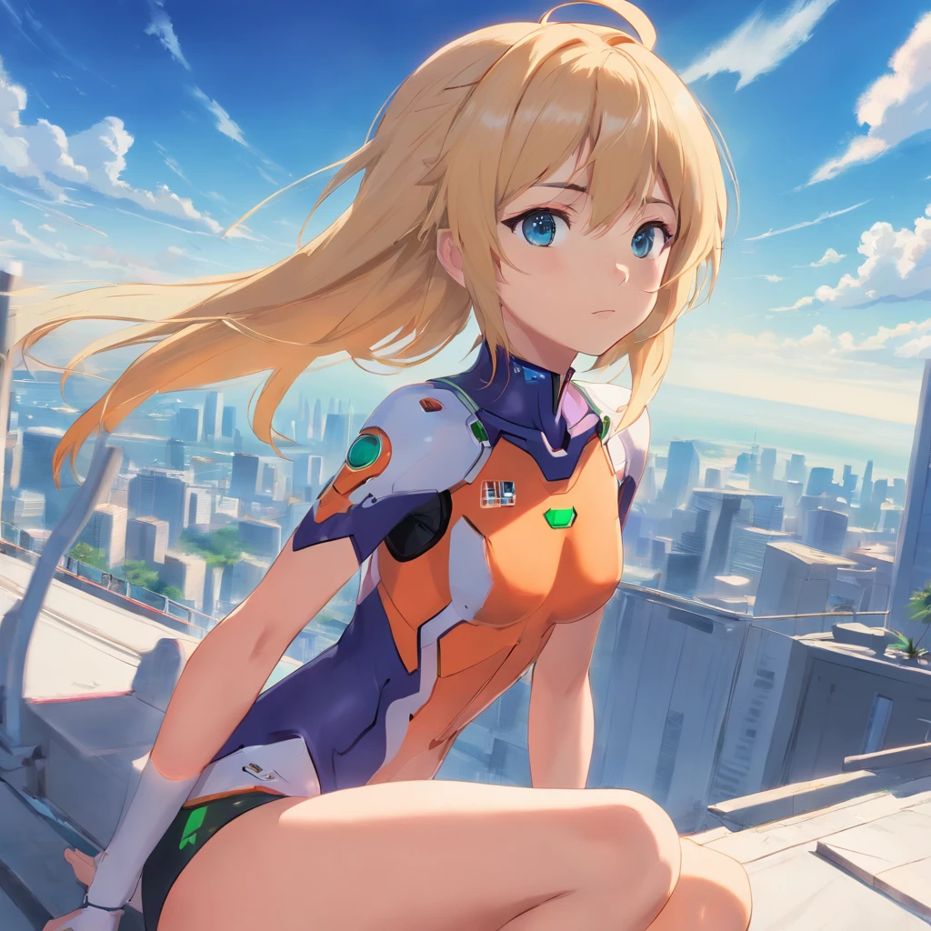 obra maestra, Female , (rubia), (pelo corto), ojos azules, seria, vestida con bodysuite de Evangelion, de pie y (cuerpo entero) al lado de la cabeza del Eva 04