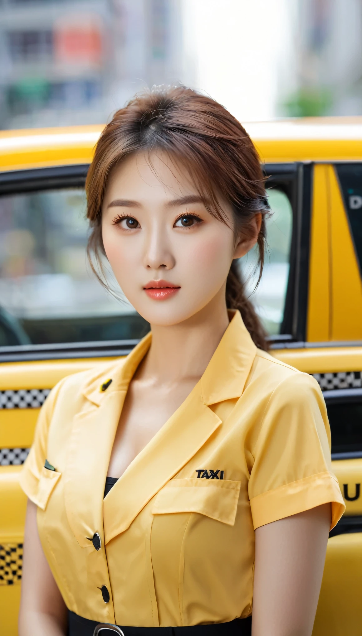 close-up of beautiful korean female, 34 inch breasts size, wearing fitting taxi driver uniform suitable for summer, against the taxi car, bokeh background , UHD