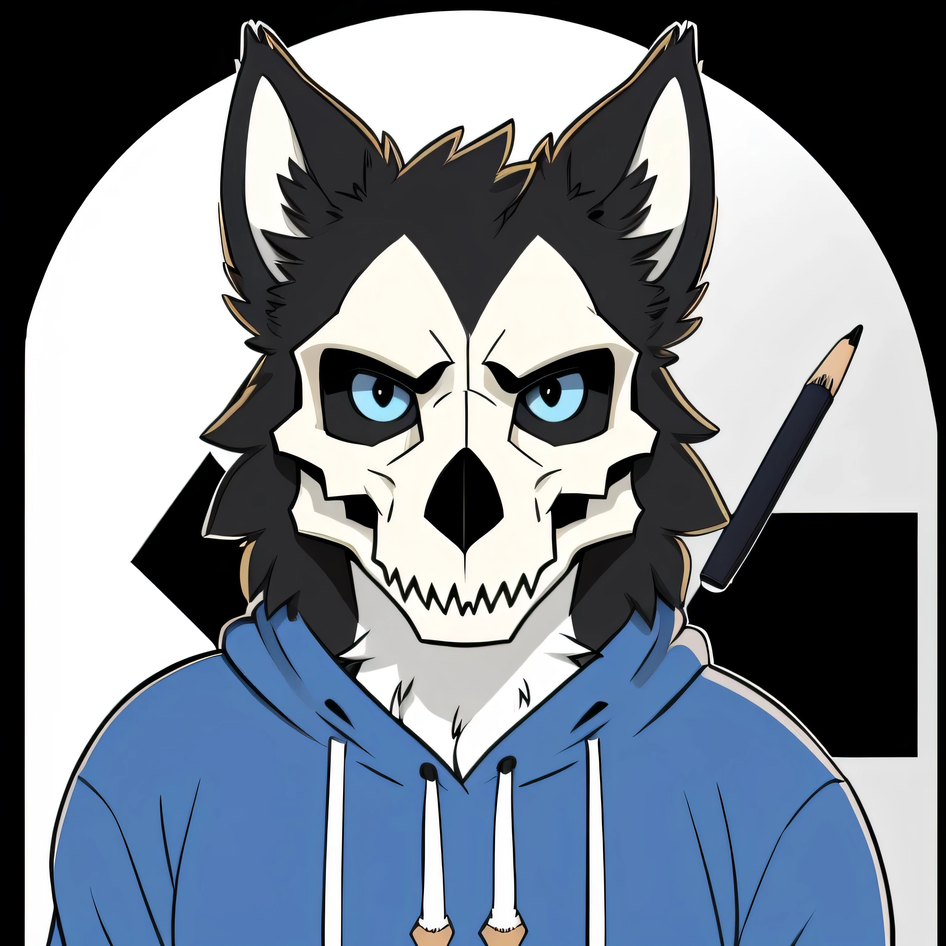 Sfw, Furry dog kind but with a skull head like a kubone, ilustration flat colors, black/white fur, looking to the viewer, blue sweatshirt and holding a pencil