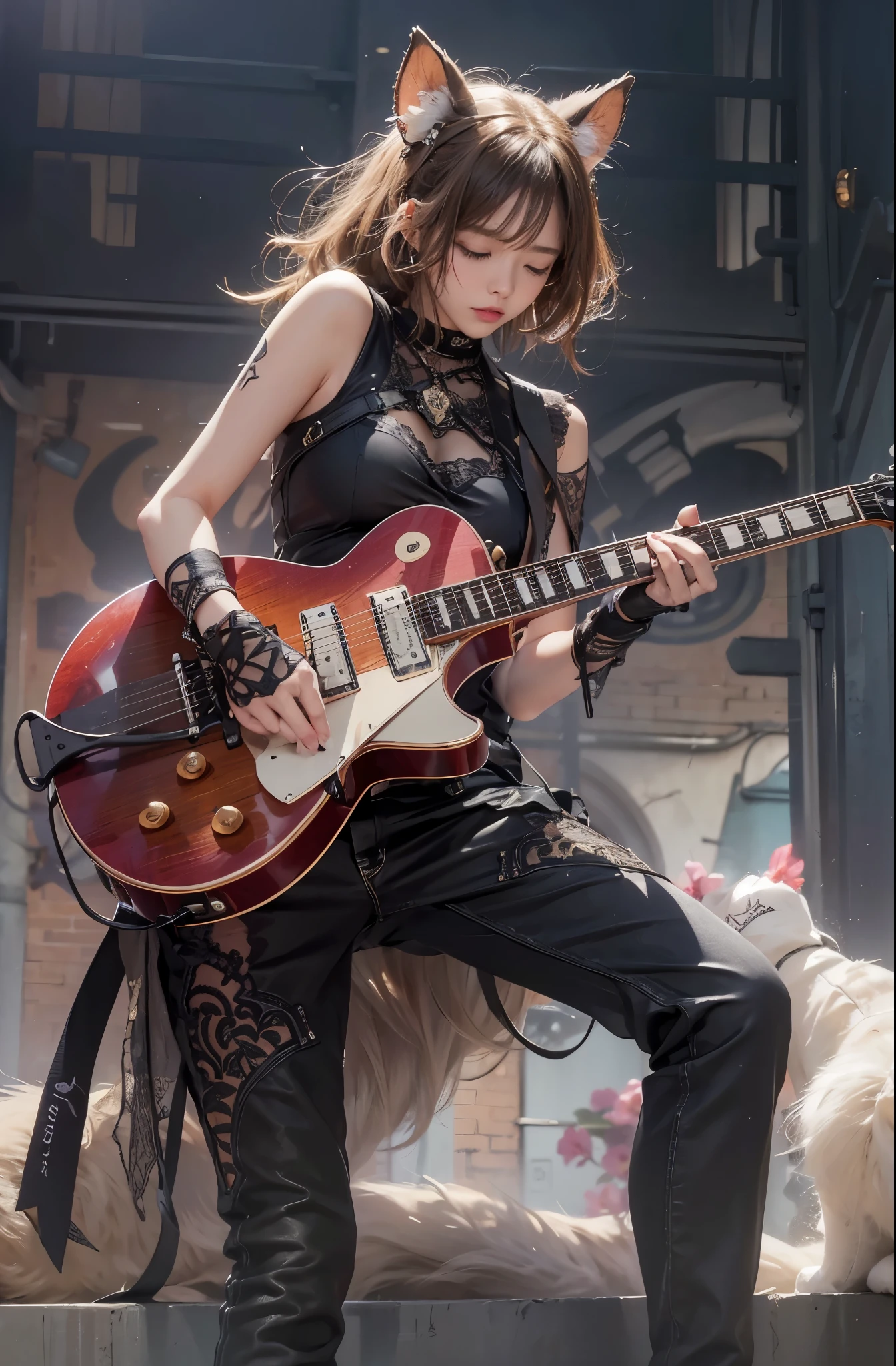 There is a woman playing the guitar on the street., by ヤン・J, guitarist, Dreaming Rock Girl, Guitar solo, Girl playing guitar, terrible composition, 🌺 society, Playing a Gibson Les Paul guitar, Written by Ni Yuanru, 2b, 2b ..., Shot with Canon EOA 6D Mark II, play guitar on stage