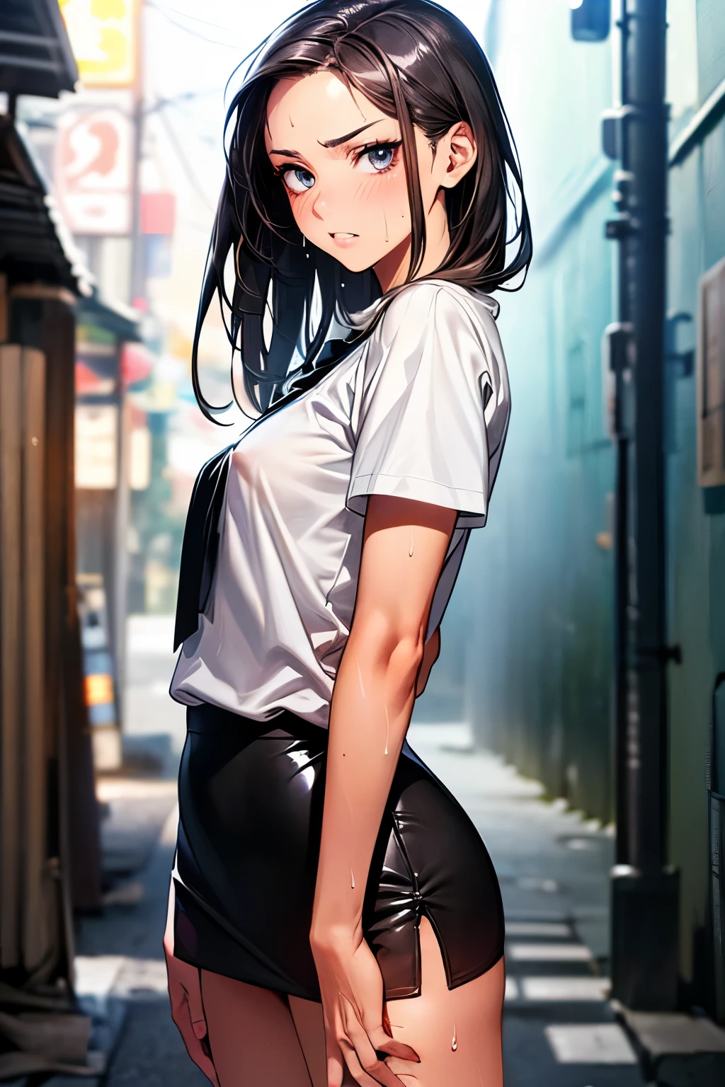 ((perfect anatomy,realistic:1.3,RAW Photography:1.3,masterpiece、highest quality、Ultra - High resolution、High resolution、Highly detailed CG、8K)),cowboy shot,1 female,solo,18-year-old、High school girl swordsman、18-year-oldの美少女,Japanese,(((beautiful detailed face and eyes:1.3,big gorgeous eyes:1.5,gray eyes,shy))),black hair,long bob hair,(center parted hair,forehead),(medium breasts,slender body,small head:1.3,skinny),((oily skin)),(gleaming skin,shiny skin,sweat:1.5),(black tight mini skirt、White shirt、Short sleeve、Black tie、Bare legs、protruding nipples),Back Alley、at night、moonlight、Tokyo、