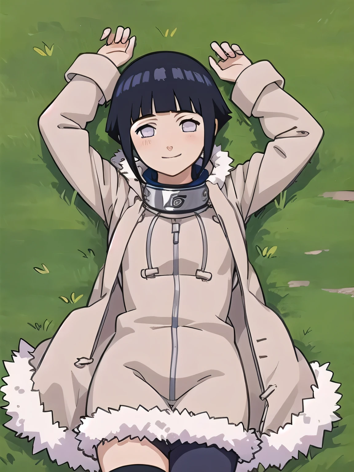 masterpiece, best quality,
1girl,  hyuuga hinata, black hair, short hair, white eyes,  no pupils, coat, forehead protector, fur trim, konohagakure symbol, long sleeves, closed mouth, arms up, on back, on grass, looking at viewer, solo, center, smile, blushing, (cowboy shot:1.5)
 