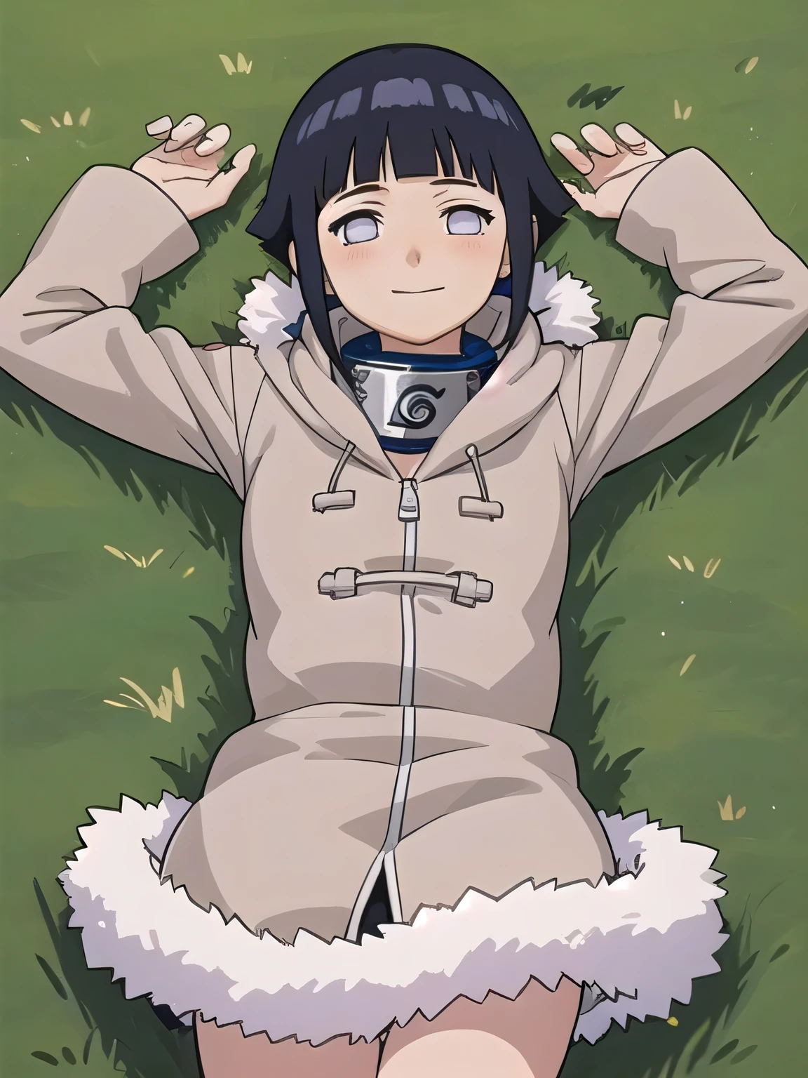 masterpiece, best quality,
1girl,  hyuuga hinata, black hair, short hair, white eyes,  no pupils, coat, forehead protector, fur trim, konohagakure symbol, long sleeves, closed mouth, arms up, on back, on grass, looking at viewer, solo, center, smile, blushing, (cowboy shot:1.5)
 