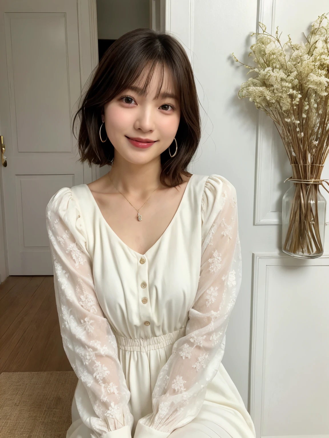 (highest quality、8k、32k、masterpiece、Hmph:1.2)、Photo of beautiful Japan woman in her 30s、very short hair、short hair、Shortcuts、Upper Body、necklace、Shooting from the sky、Don&#39;Don&#39;t look at the camera、(Realistic、Photorealistic:1.37)、1 girl、Photographed in natural light、Physically Based Rendering、Excellent image quality、High resolution、1080p、(Detailed facial depiction)、(Detailed description of the hands)、(Detailed CG)、Rich details、(exquisite features)、(Best image quality)、(masterpiece)、(Beautiful Eyes)、Delicate clavicle、Various poses、profile、White wall、Taken in front of a white door、(窓のあるWhite wallの部屋)、Earrings、Laughter、Spring Clothes、((Long sleeve dress))、Look Down、Downward