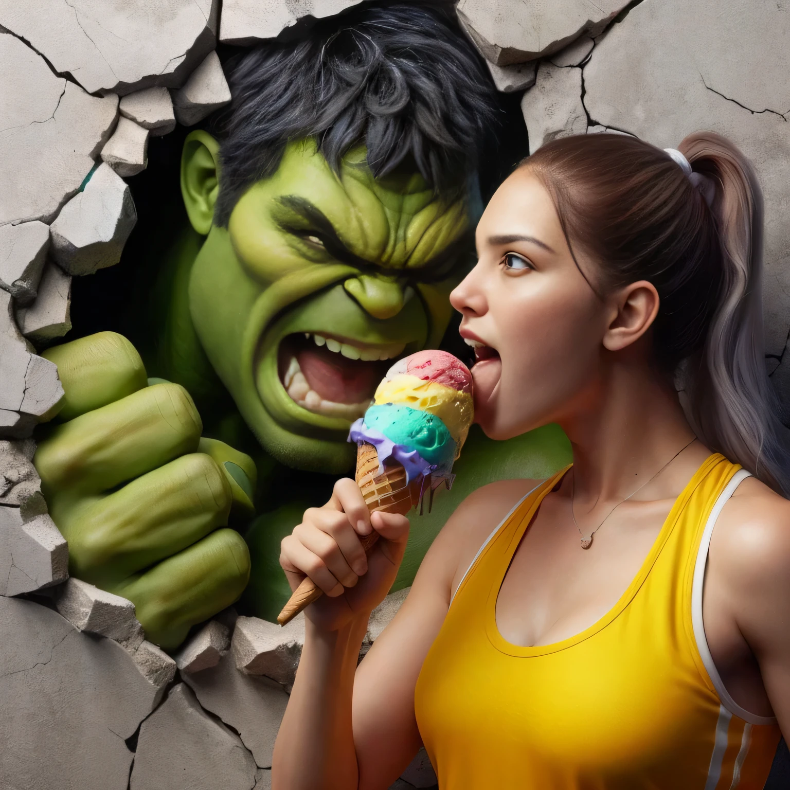 araffe and a woman eating ice cream in front of a hulk wall, 3 d epic illustrations, incredible digital art, 3d digital art 4k, fantasy pop art, art of alessandro pautasso, 8k comic art, hyperrealistic fantasy art, super realistic painting style, realistic digital art 4 k, realistic digital art 4k, detailed digital 3d art