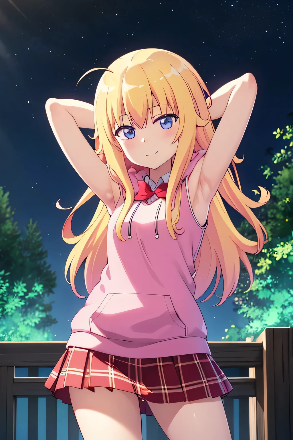 (extremely detailed CG unity 8k wallpaper), (masterpiece), (best quality), (ultra-detailed), (best illustration), (best shadow), (absurdres), 1girl, solo, gabriel white tenma, messy hair, ahoge,red bow, plaid skirt, pink hoodie, arms behind head, closed mouth, night sky, forest, spread armpits, contrapposto, (cowboy shot:1.5), blush, expressionless, smile,