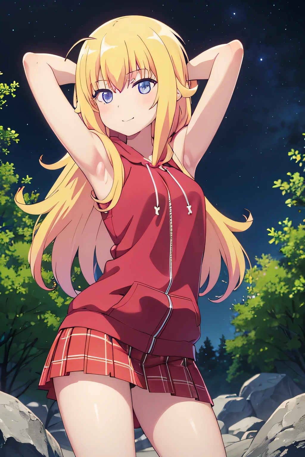 (extremely detailed CG unity 8k wallpaper), (masterpiece), (best quality), (ultra-detailed), (best illustration), (best shadow), (absurdres), 1girl, solo, gabriel white tenma, messy hair, ahoge,red bow, plaid skirt, pink hoodie, arms behind head, closed mouth, night sky, forest, spread armpits, contrapposto, (cowboy shot:1.5), blush, expressionless, smile,