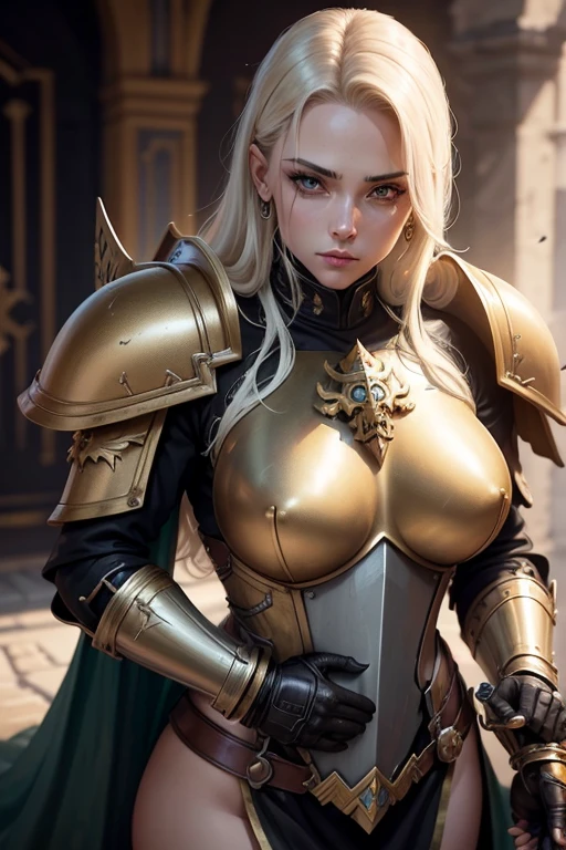 Warhammer 40k, female with custode armor, custode armor, sexy, severe eyes, full armor, combat position, grim-dark, future, golden color, sexy armor