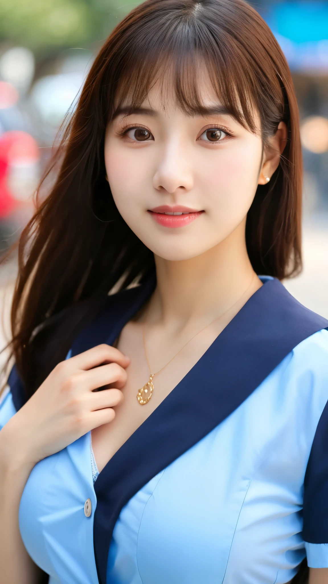 close-up of beautiful korean female, 34 inch breasts size, wearing fitting taxi driver uniform suitable for summer, against the taxi car, bokeh background , UHD
