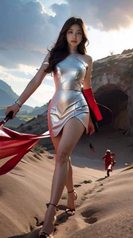 Woman in red silver dress, ((run)), Escape the monsters, Immersive art station, ศิลปะFantasyที่มีรายละเอียด, Amazing character art, Excellent and neat character art., beautiful armor, very detailed, red armor girl, Ornate headdresses and ornaments, (best quality, 10, Masterpiece :1.3), (realistic, ภาพrealistic: 1.37), (1 woman), (Beautiful women between the ages of 18-20), (thin), (Emphasize a slender stomach.. :1.3), (Korea), (Pastel leather dress, Long red leather coat, Long red leather coat, Show your arms and shoulders.., white leather skirt, short leather skirt, Emphasize her legs., high groove,), (รองเท้าHeel height), (Random pose), big breasts, The rift revealed, ((dark brown hair, long hair)), exquisite face, Open the show, Fantasy, Slender figure, The face is very smooth., good eyes, Double eyelids, (long hair, Random hairstyle), (big girl :1.3), (outdoor), (Extraordinarily detailed face), (Detailed eyes), (Double eyelids), (Eyeshadow makes eyelashes look thicker........), obscure, (Long legs, Heel height), (((Whole body))), (professional lighting), (Photon mapping), (radiation), red armor girl, silver armor girl, ((Great Sword)), (Looking straight at the viewer.....), cliff scene, mountain, cave entrance, rock, dungeon