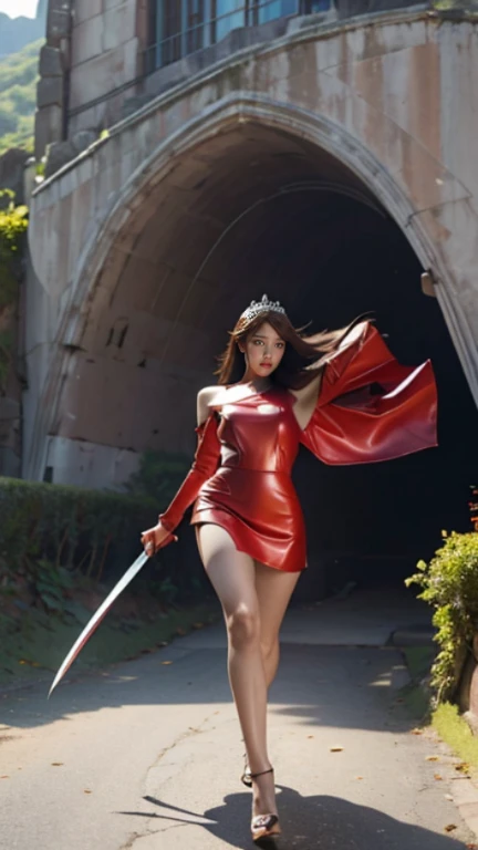 Woman in red silver dress, ((run)), Escape the monsters, Immersive art station, ศิลปะFantasyที่มีรายละเอียด, Amazing character art, Excellent and neat character art., beautiful armor, very detailed, red armor girl, Ornate headdresses and ornaments, (best quality, 10, Masterpiece :1.3), (realistic, ภาพrealistic: 1.37), (1 woman), (Beautiful women between the ages of 18-20), (thin), (Emphasize a slender stomach.. :1.3), (Korea), (Pastel leather dress, Long red leather coat, Long red leather coat, Show your arms and shoulders.., white leather skirt, short leather skirt, Emphasize her legs., high groove,), (รองเท้าHeel height), (Random pose), big breasts, The rift revealed, ((dark brown hair, long hair)), exquisite face, Open the show, Fantasy, Slender figure, The face is very smooth., good eyes, Double eyelids, (long hair, Random hairstyle), (big girl :1.3), (outdoor), (Extraordinarily detailed face), (Detailed eyes), (Double eyelids), (Eyeshadow makes eyelashes look thicker........), obscure, (Long legs, Heel height), (((Whole body))), (professional lighting), (Photon mapping), (radiation), red armor girl, silver armor girl, ((Great Sword)), (Looking straight at the viewer.....), cliff scene, mountain, cave entrance, rock, dungeon