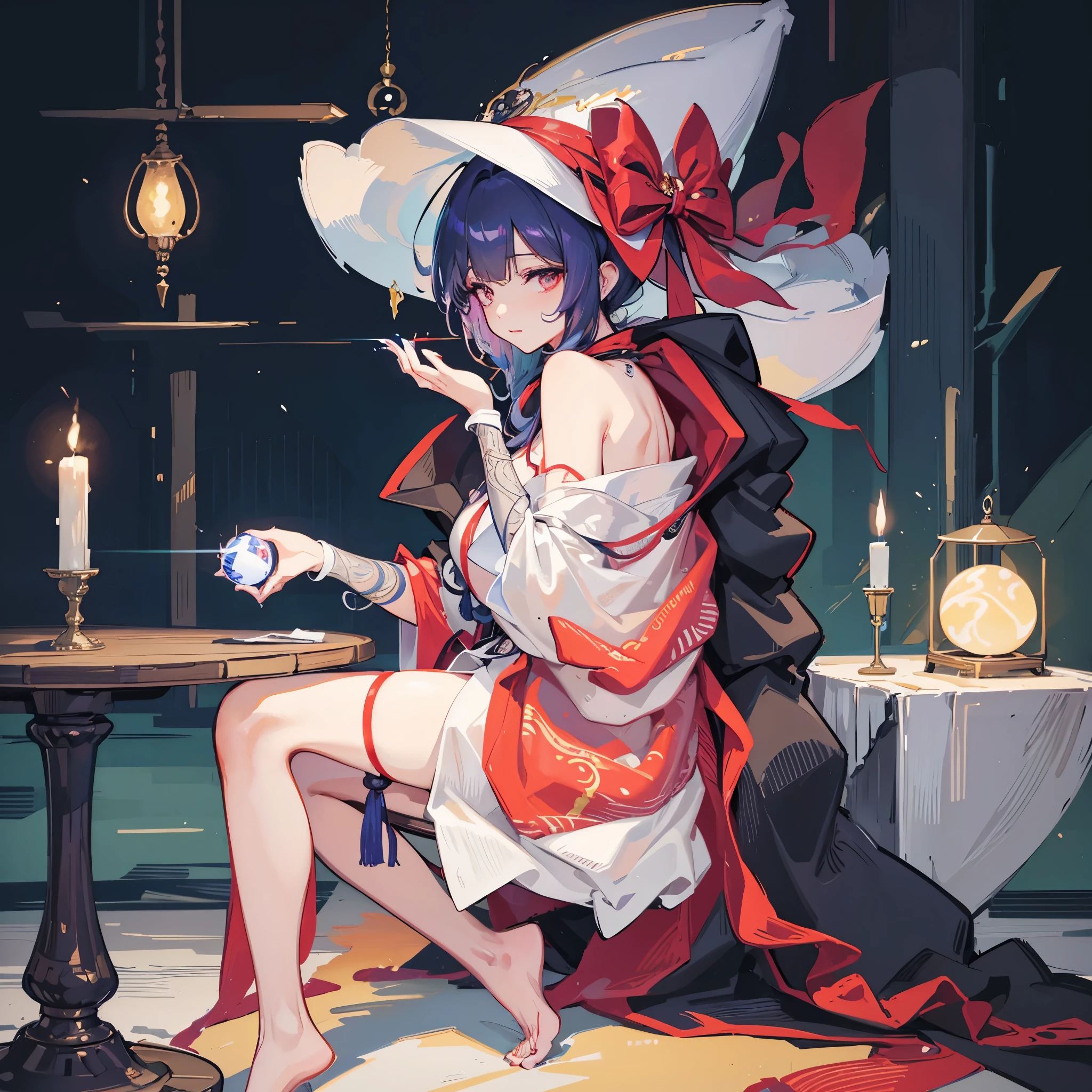 A mature and sexy middle-aged woman，Wearing a cloak，Sitting at a small table，There are crystal balls on the table，Woman fortune telling。Medium shot composition，Full body pictures，color，Anime illustration style，HD，4K。