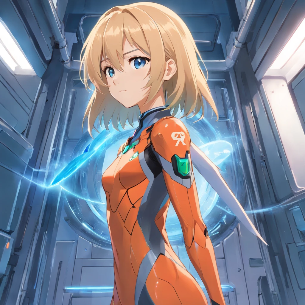 obra maestra, Female 17 years old, (rubia), (pelo corto), ojos azules, seria, vestida con bodysuite de Evangelion, de pie y (cuerpo entero) en el hangar del Eva 04