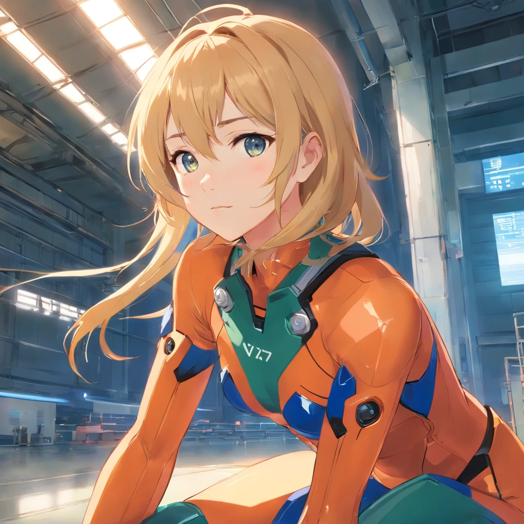 obra maestra, Female , (rubia), (pelo corto), ojos azules, seria, vestida con bodysuite de Evangelion, de pie y (cuerpo entero) en el hangar del Eva 04