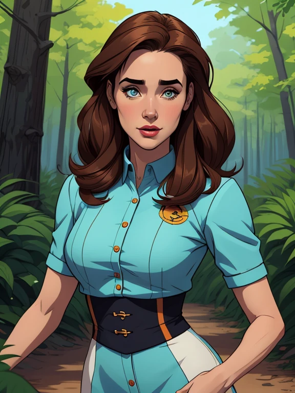 arafed image of a woman in a yellow jacket and blue shirt, annabeth chase, enviromental portrait, official illustration, sil from species, fanart, promotional art, official art, fan art, official artwork, portrait of a female ranger, ( ( emma lindstrom ) ), darrell k sweet, forrest in the background, hq artwork, forrest in background