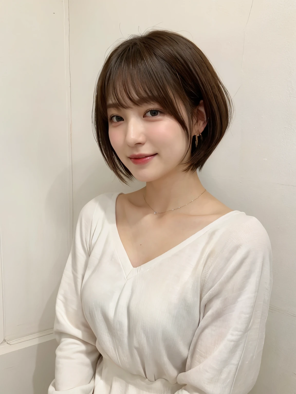 (highest quality、8k、32k、masterpiece、Hmph:1.2)、Photo of beautiful Japan woman in her 30s、very short hair、short hair、Shortcuts、Upper Body、necklace、Shooting from the sky、Don'Don't look at the camera、(Realistic、Photorealistic:1.37)、1 girl、Photographed in natural light、Physically Based Rendering、Excellent image quality、High resolution、1080p、(Detailed facial depiction)、(Detailed description of the hands)、(Detailed CG)、Rich details、(exquisite features)、(Best image quality)、(masterpiece)、(Beautiful Eyes)、Delicate clavicle、Various poses、profile、White wall、Taken in front of a white door、(窓のあるWhite wallの部屋)、Earrings、Laughter、Spring Clothes、((Long sleeve dress))、Look Down、Downward