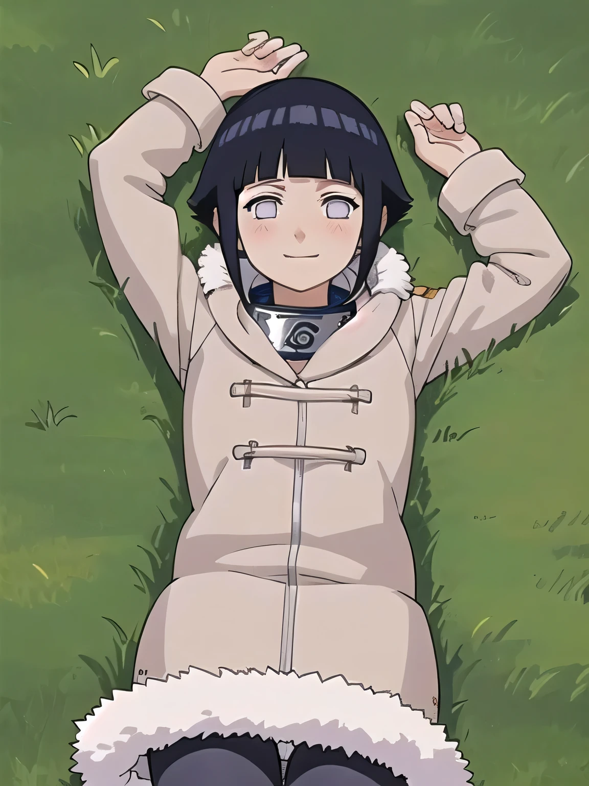masterpiece, best quality,
1girl, hyuuga hinata, black hair, short hair, white eyes, no pupils, coat, forehead protector, fur trim, konohagakure symbol, long sleeves, closed mouth, arms up, on back, on grass, looking at viewer, solo, center, smile, blushing, (cowboy shot:1.5)