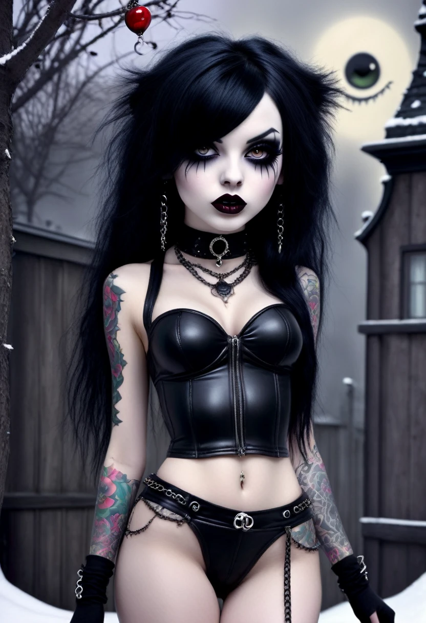 Hyper realistic photo perfect goth girl, sexy seductive facial features, tattooed face, smooth snow white skin, thin curved black eyebrows. Black eyeliner, dark black eye shadow, thick black lipstick, curved lips, extremely detailed long black wavy hair, earrings, lip piercings, choker collar with chains, complete fullbody, larg voluptuous breast, tattooed breast, tattooed Sternum underboob, tattooed stomach, abs, slim waist, toned hips, toned thighs, tattooed back, tattooed hips, age vagina, perfect pussy, teenasshole, thick toned ass, tattooed vagina, tattooed ass, ass out, spreading ass,