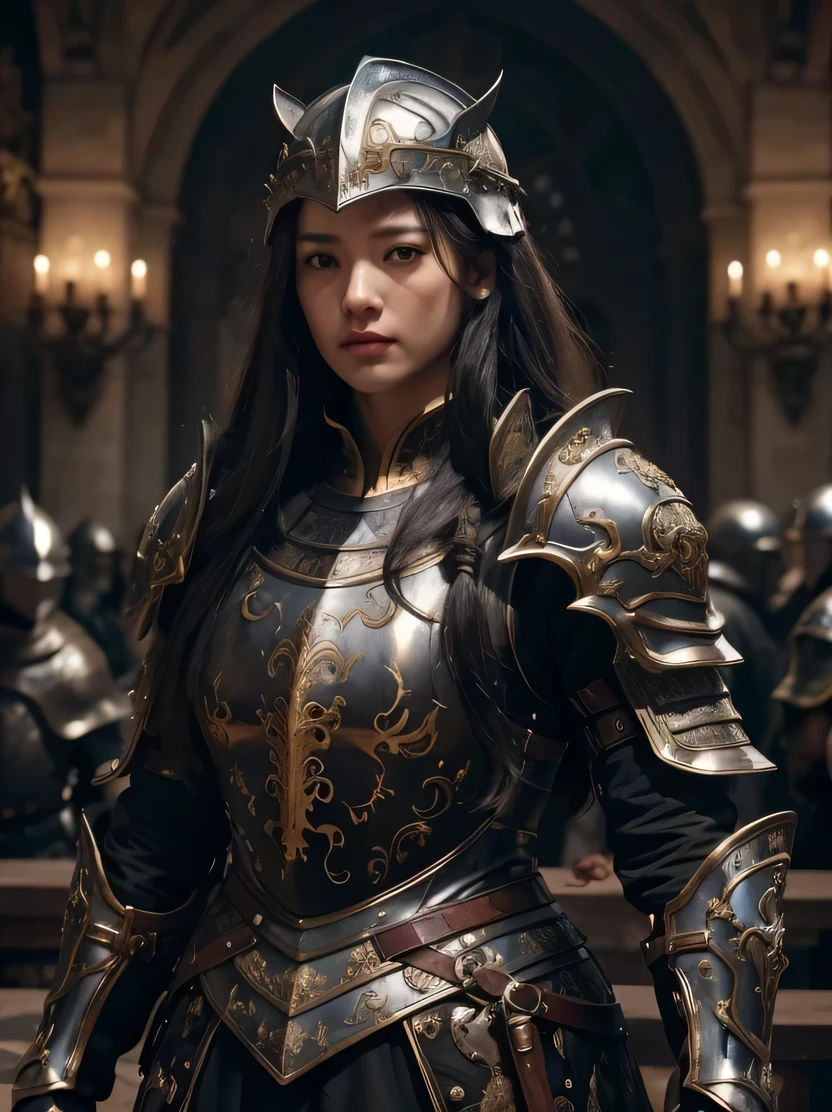 ((masterpiece、highest quality、Genuine、Very detailed、High resolution、Sharp focus、Photorealistic、Cinematic lighting))、High contrast、Baroque、((One female、Black long hair、Bust Shot))、Roman armour of the Middle Ages、worn armor、Full-face helmet、Warriors、war、storm、Thunder and rain、middle ages、Dynamic Action、Combat Stance、Detailed hand drawing、medieval armor