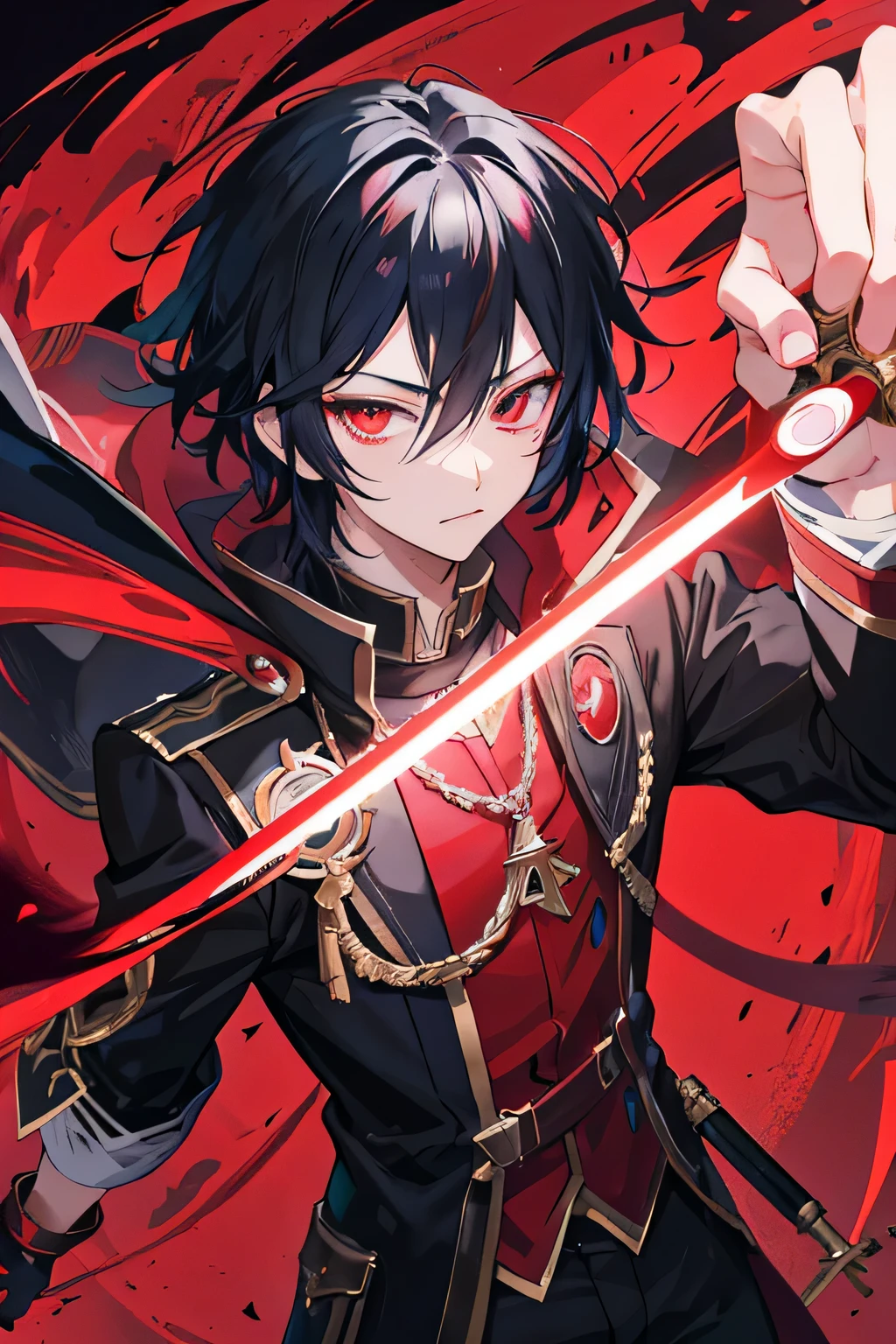 Anime boy with red light in hand, shadow young wizard, Epic anime style, anime key artโดยละเอียด, Shadowverse style, Fantasy style anime, Demon Man, anime key art, conjunctivitis, black hair, chief'Whoever's uniform is strong