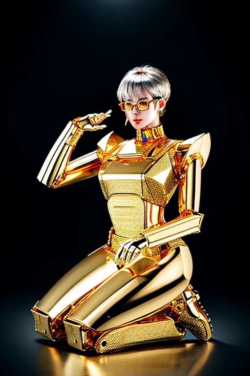 5 8K UHD、A mechanical beauty in a gold metallic body wearing glasses is kneeling、A silver metal robot with shiny skin