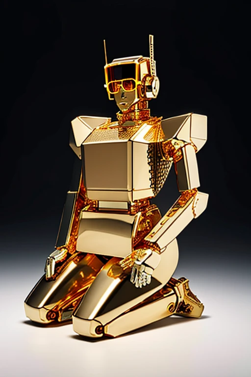 5 8K UHD、A mechanical beauty in a gold metallic body wearing glasses is kneeling、A silver metal robot with shiny skin