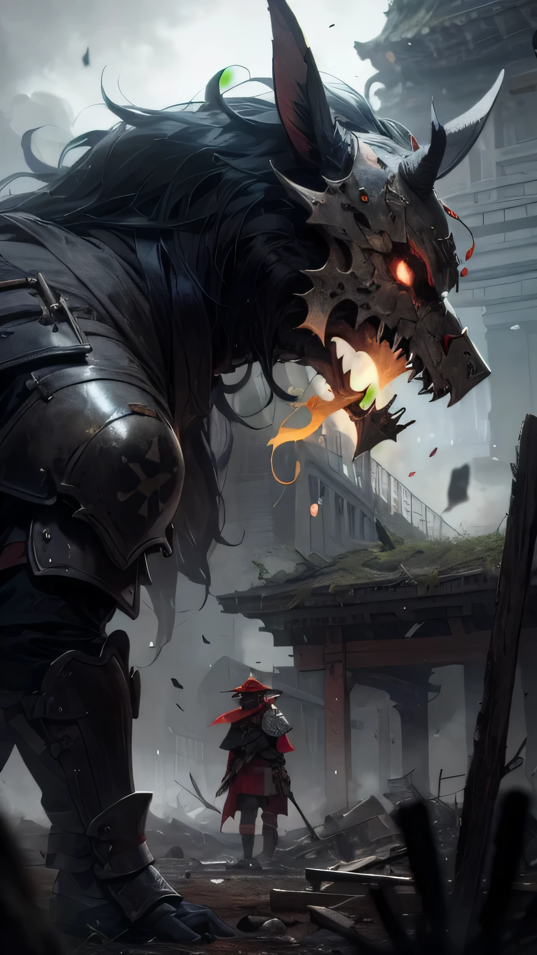 fallen samurai,ascuas,gloomy and creepy atmosphere,red samurai,dramatic lighting,Armadura roja agrietada, Detalles intrincados,Una batalla perdida,Gloria que se desvanece,sombras fantasmales,fondo brumoso,Face under the mask,Casco majestuoso,Una figura,humo ascendente,Destino condenado,gloomy ruins,majestic composition,Honor militar,soledad,Firefighting,Una presencia siniestra,ceniza y humo,Tierra ensangrentada,armadura desgastada,determination,Glifo de coraje,The end of the samurai era,Un campo de batalla devastado, parado en medio del campo de batalla [paleta de colores apagados],[tonos tenues],[Intrusive atmosphere:0.9]